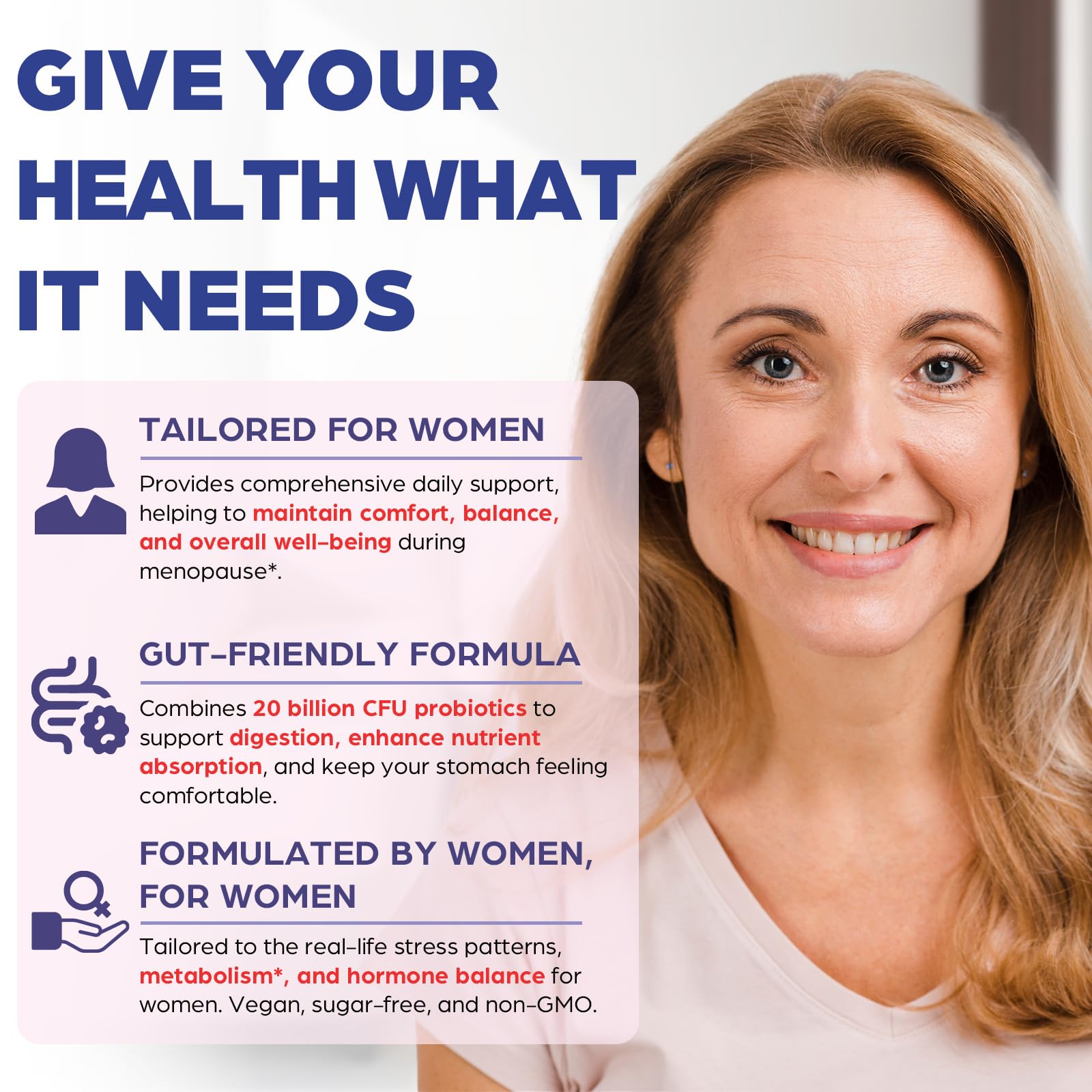 Phytrion Menopause Gummies sugar-free badge beside label signals guilt-free daily enjoyment.