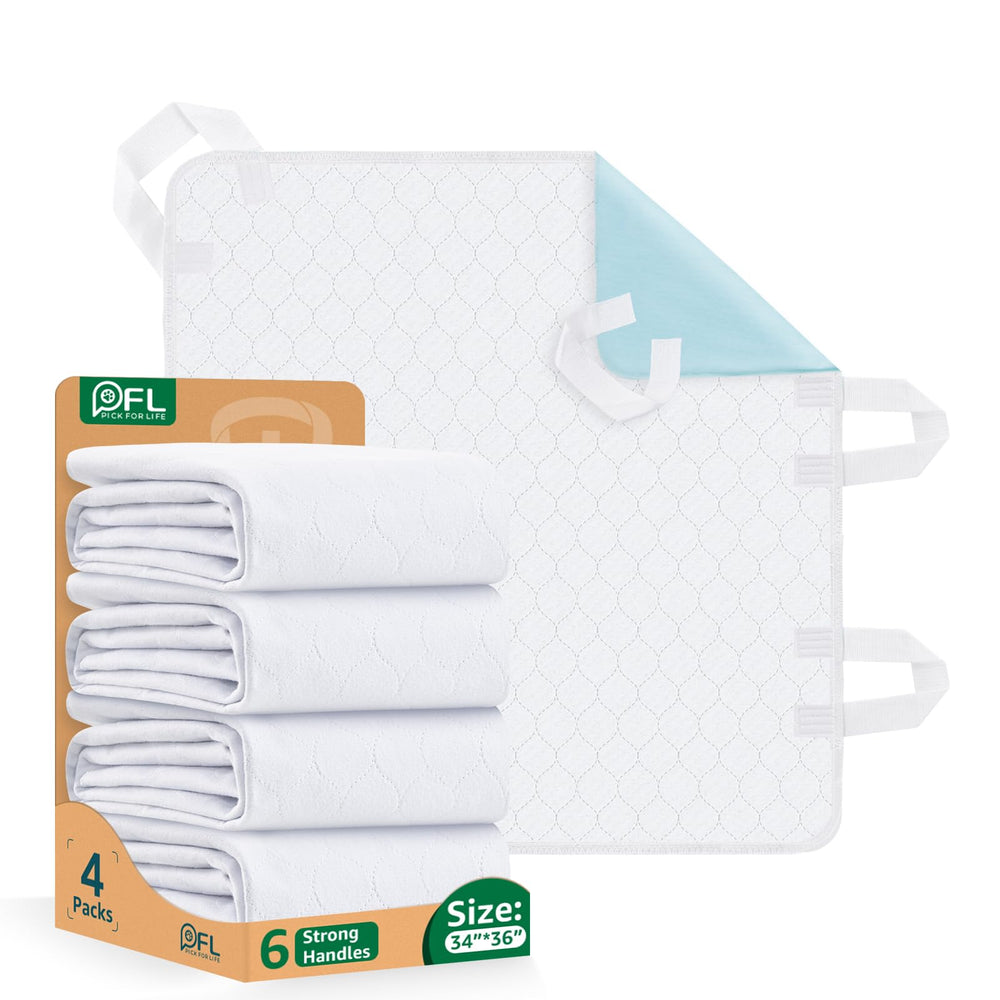 PICK FOR LIFE bed pad with 6 handles supporting safe repositioning of a bedridden loved one.