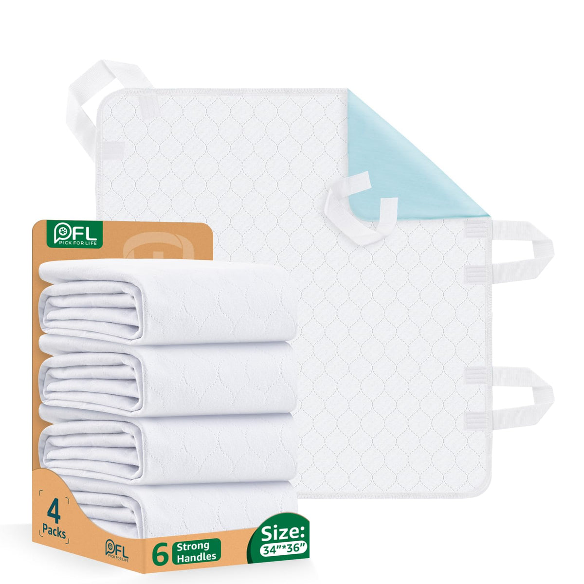 PICK FOR LIFE bed pad with 6 handles supporting safe repositioning of a bedridden loved one.