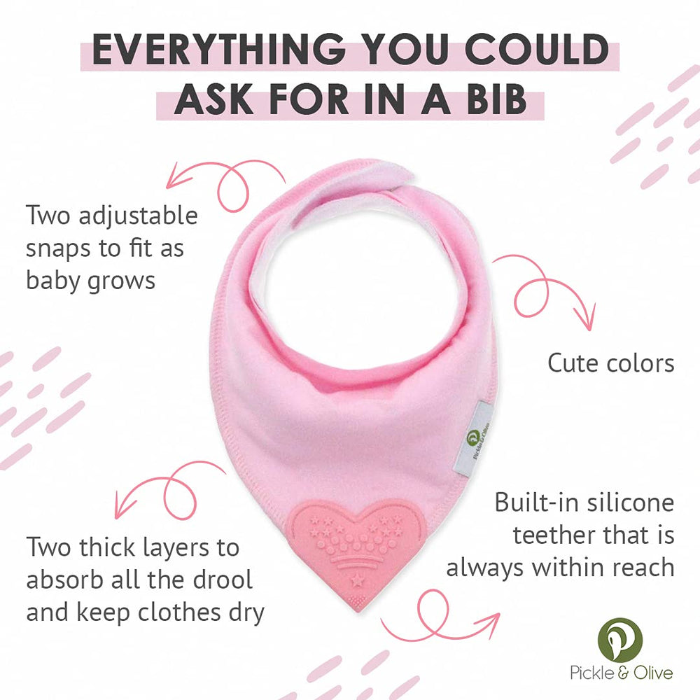 Pickle & Olive bandana teether pink close-up of heart shaped silicone teether