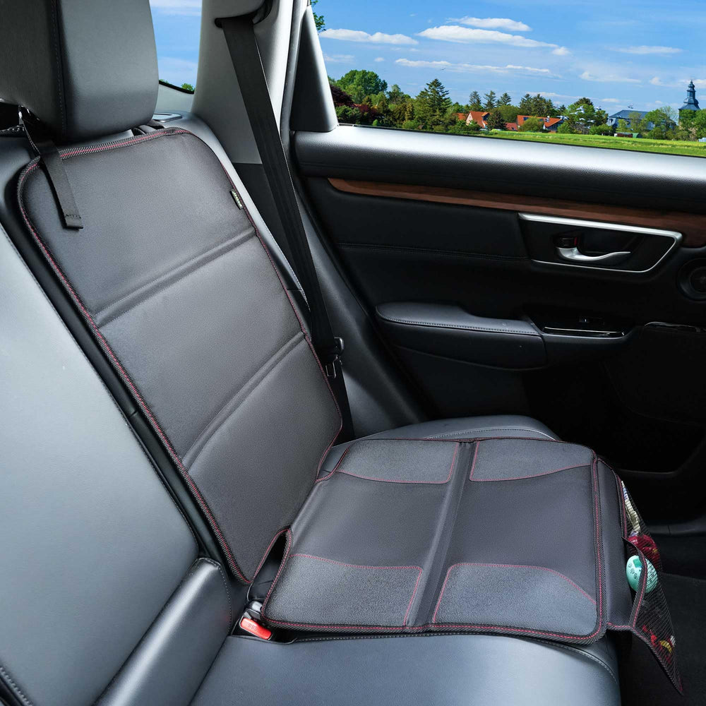 PIDO car seat protector with non-slip backing stays in place during every ride.