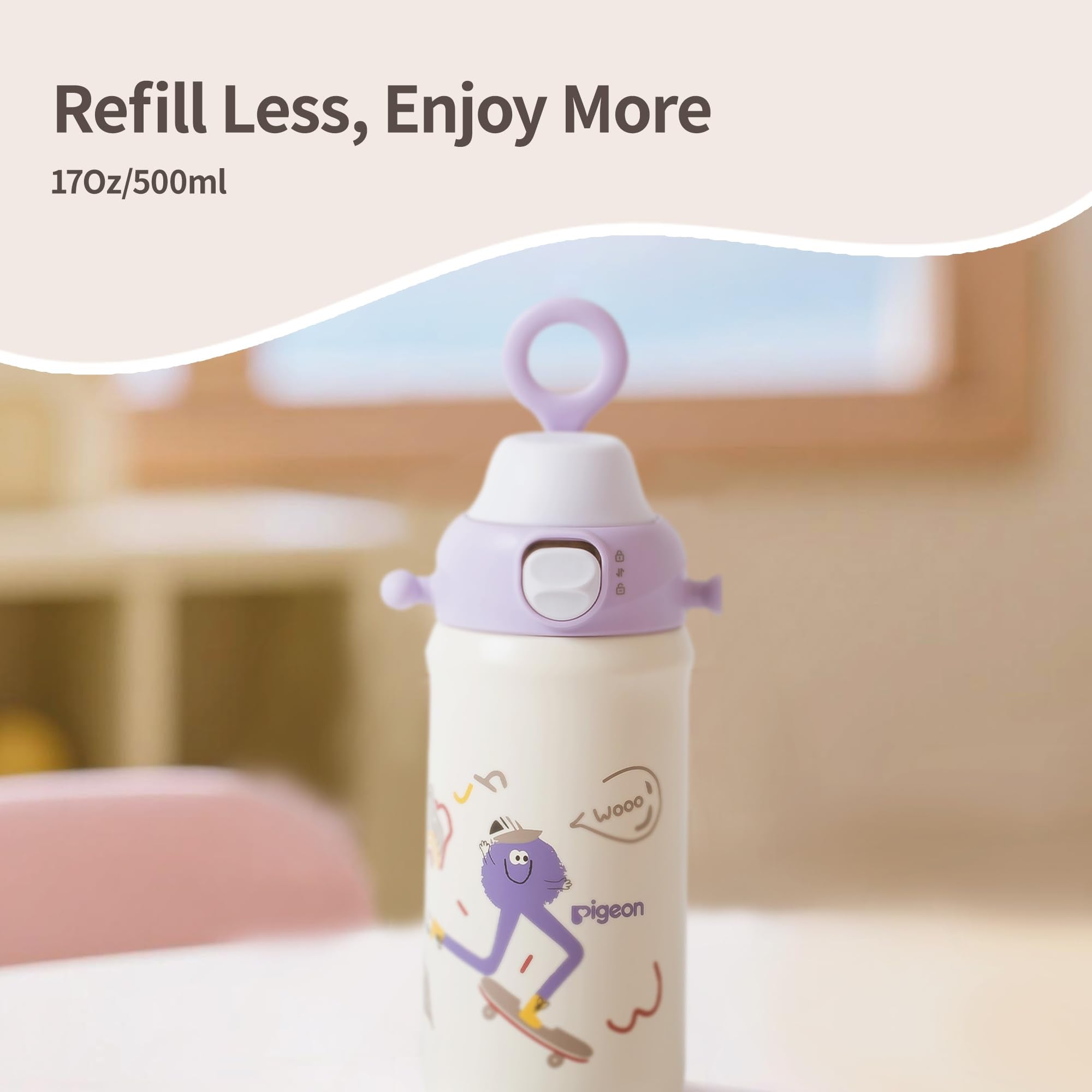 PIGEON 17oz capacity bottle ready for kids' hydration needs.