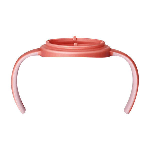 Pigeon red baby bottle handles closeup highlighting ergonomic grip for tiny hands.