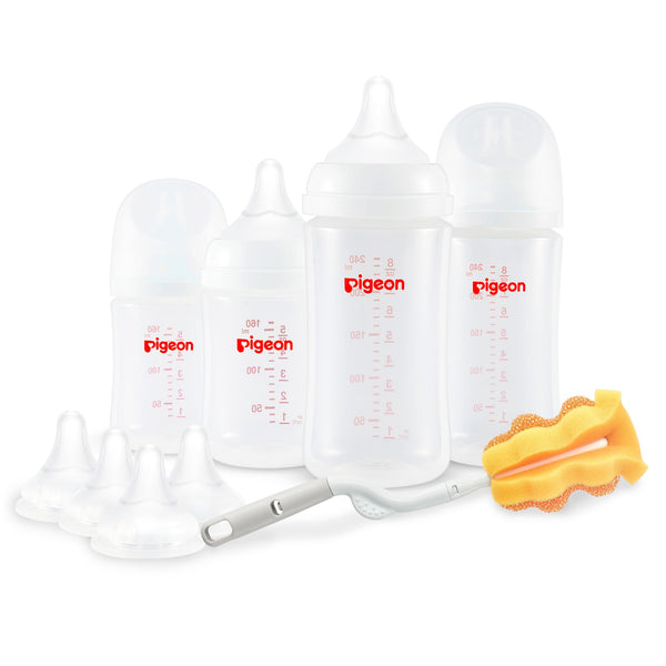 Pigeon baby bottle wide-neck setup highlighting easy grip and thorough cleaning for newborn feeds.