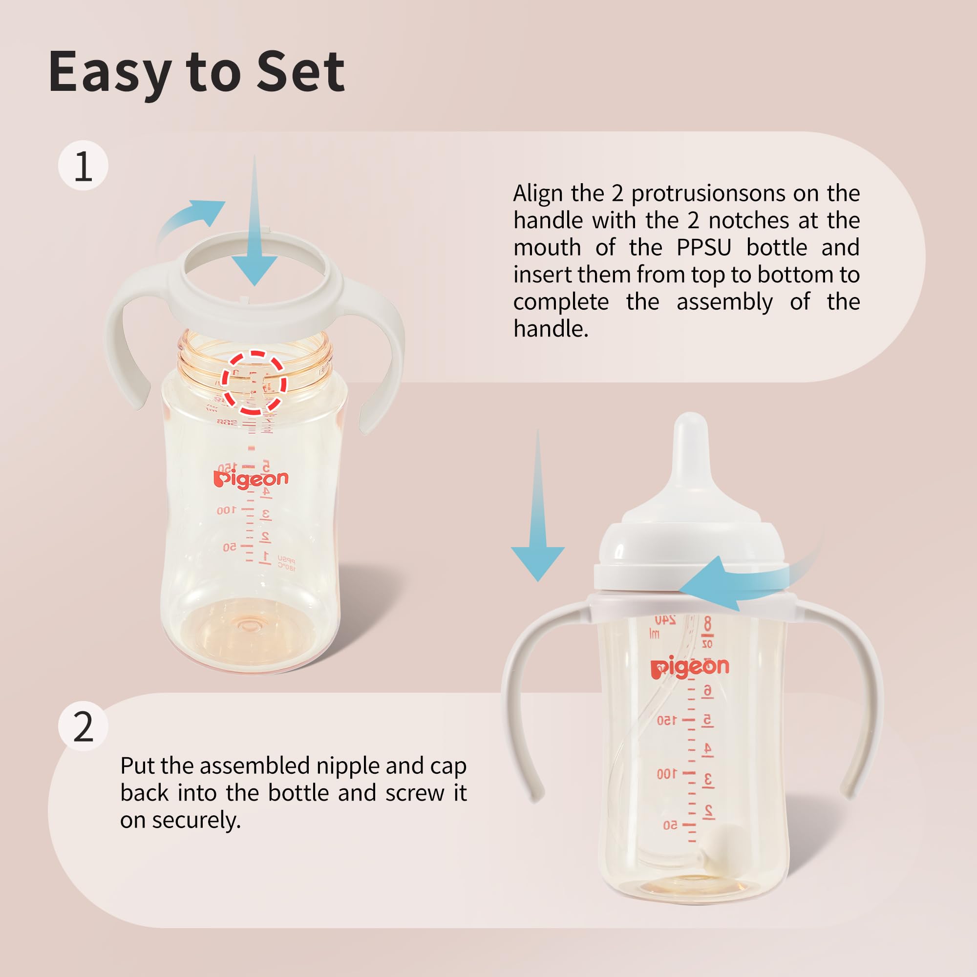 Pigeon red bottle handle compatibility with PPSU 8.1oz bottles.