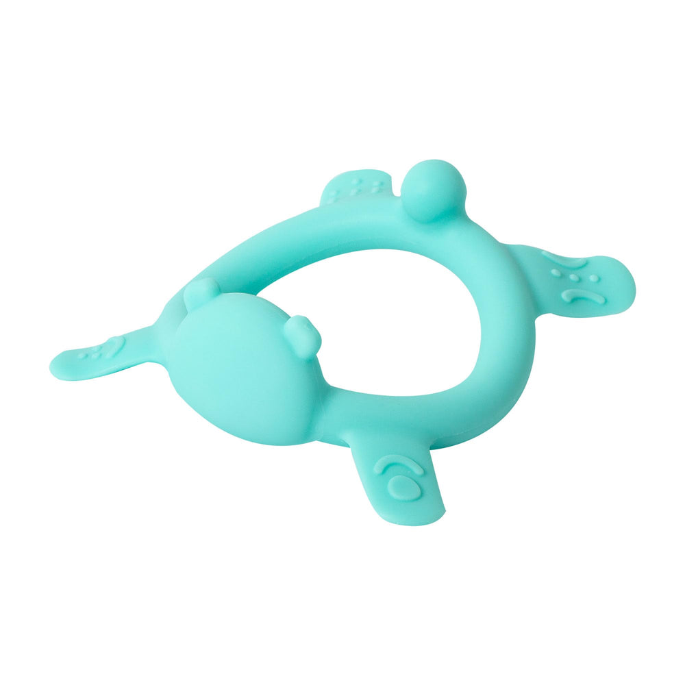 Pigeon Green Bear teether with multi-textured surfaces for easy one-handed grasping and soothing teething.