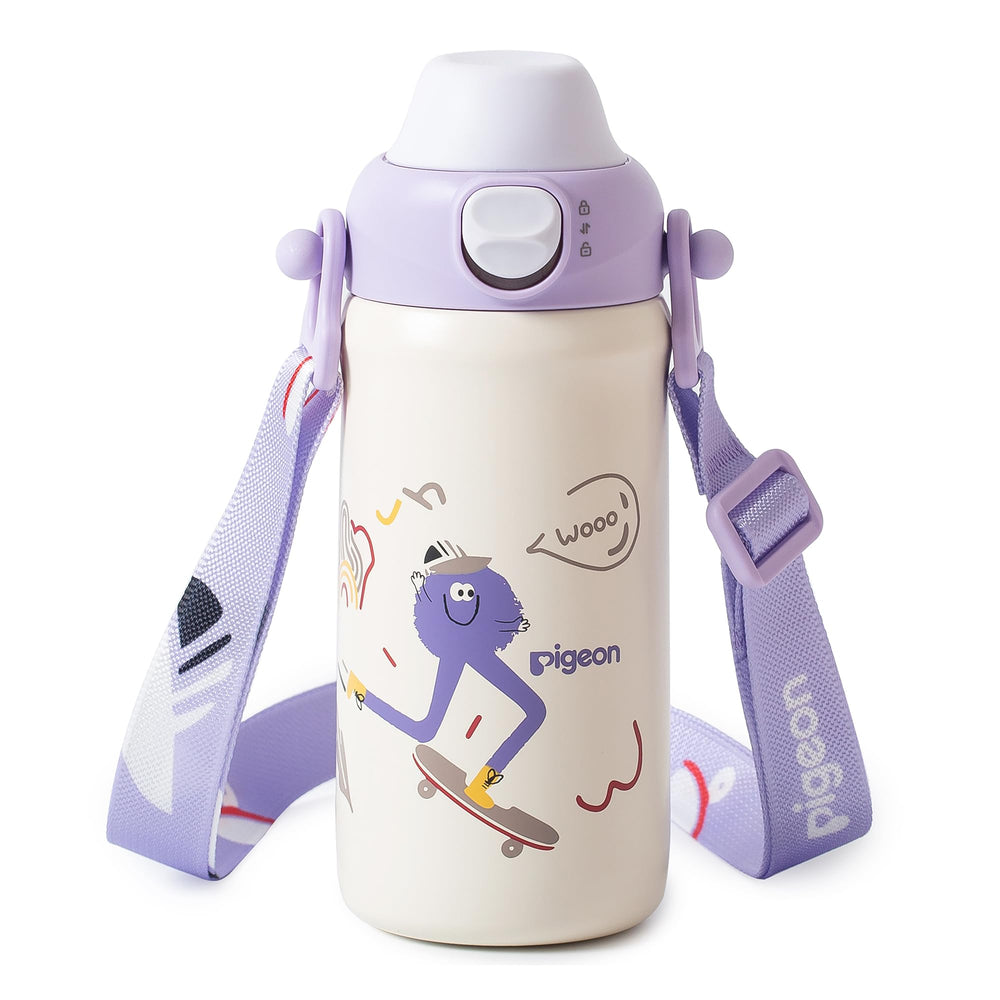 PIGEON kids insulated bottle with spill-proof lid demonstrating portable school hydration.