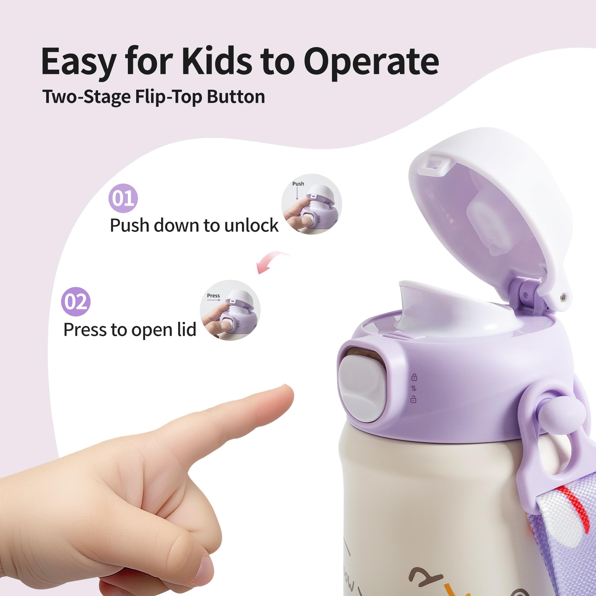 PIGEON safety lock and two-step button on bottle lid.