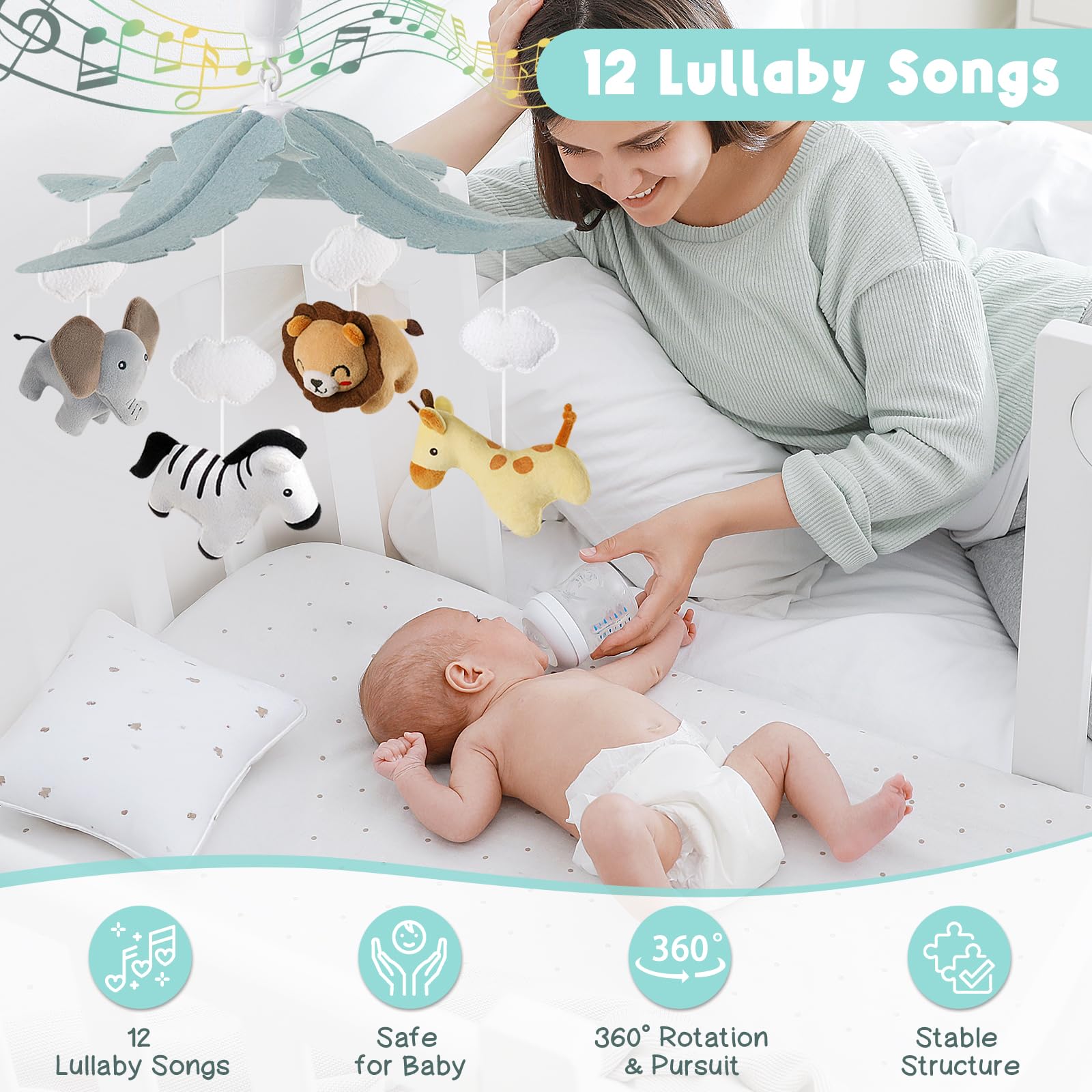 PIIKAGO 3-mode music box on crib mobile enhances soothing bedtime with rotation and music