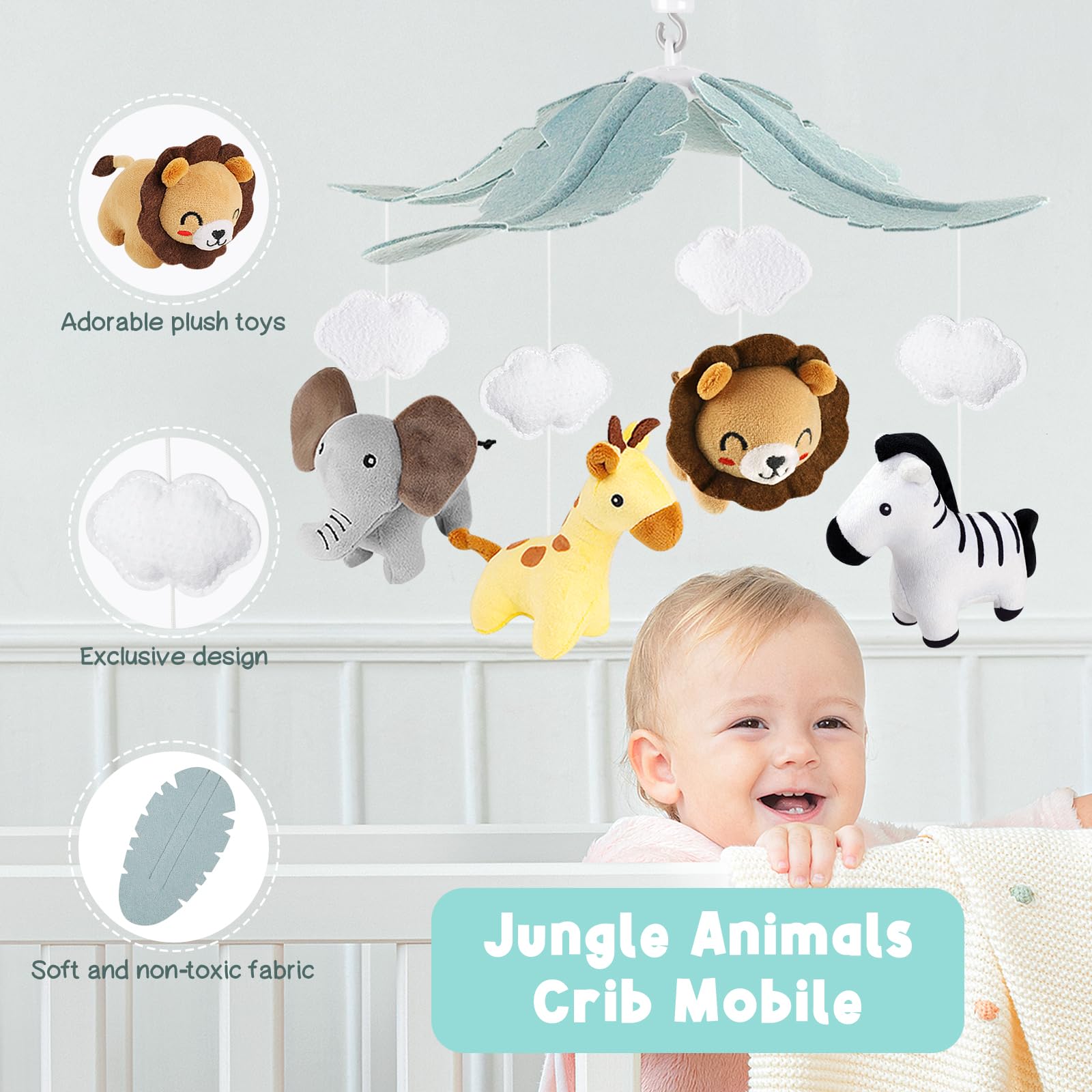 PIIKAGO crib mobile with giraffe plush promoting color recognition through rotation