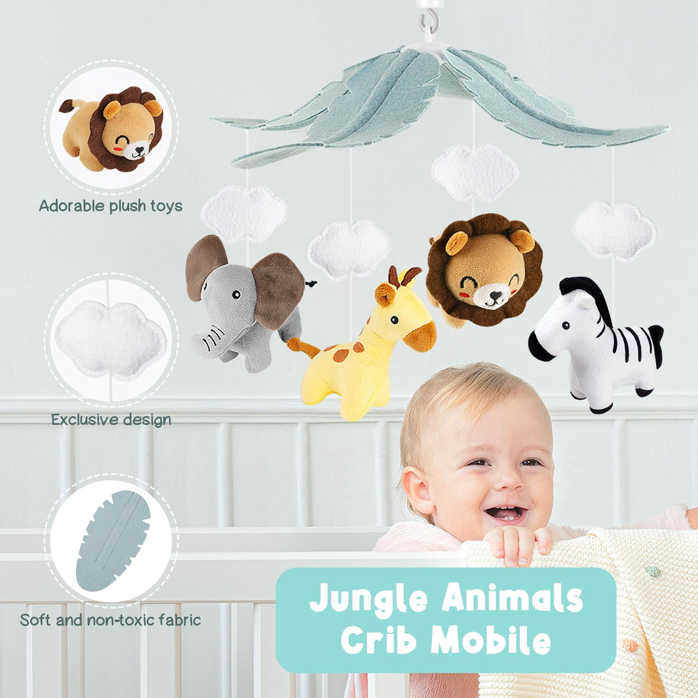 PIIKAGO crib mobile with giraffe plush promoting color recognition through rotation