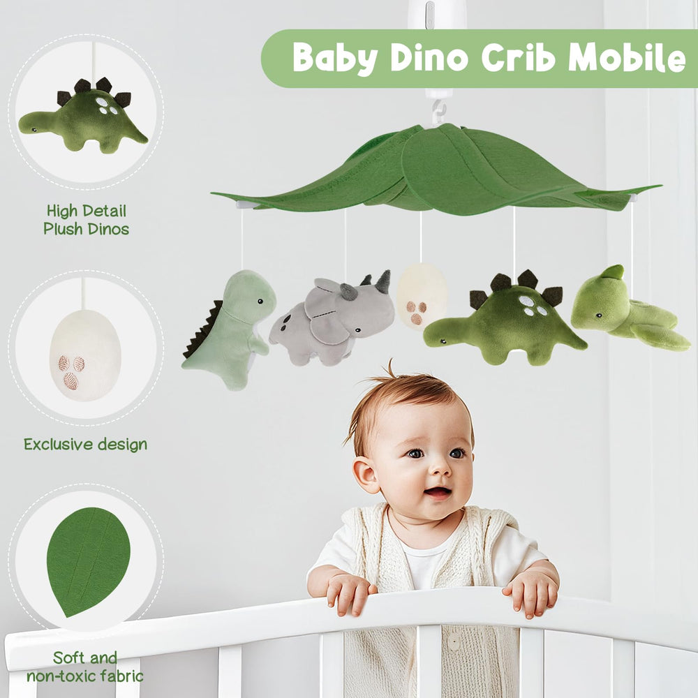 PIIKAGO leaf canopy with dinosaur egg on crib mobile supports visual tracking