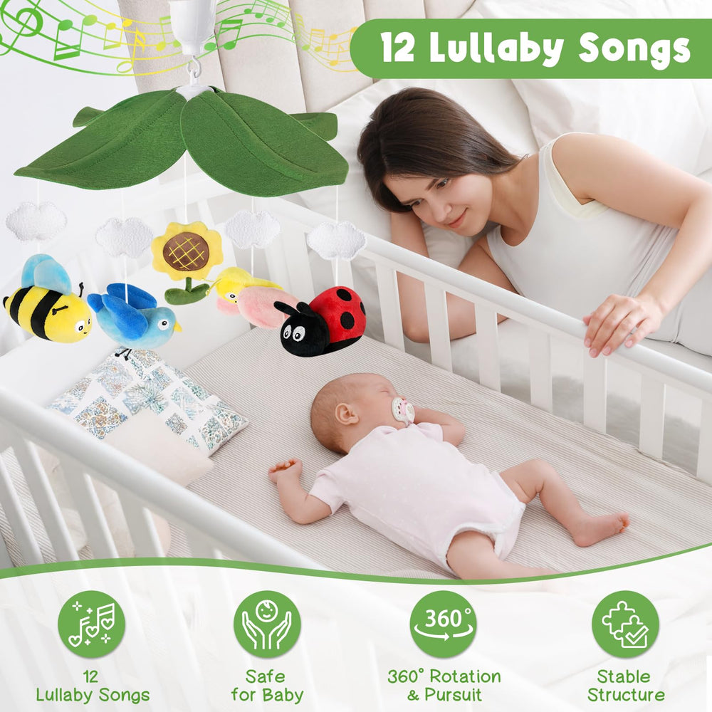 PIIKAGO Garden Friends Crib Mobile includes a 3-mode music box for flexible sound.