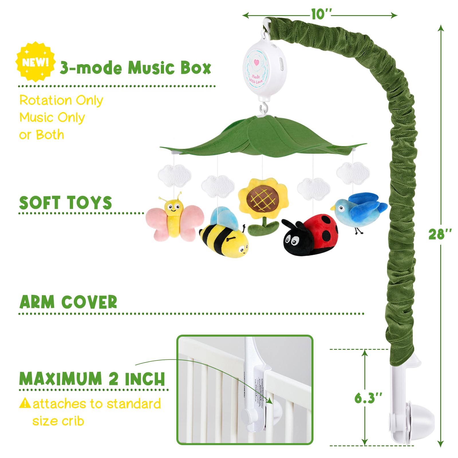 PIIKAGO Garden Friends Crib Mobile highlights a green leaf canopy for nature-inspired decor.