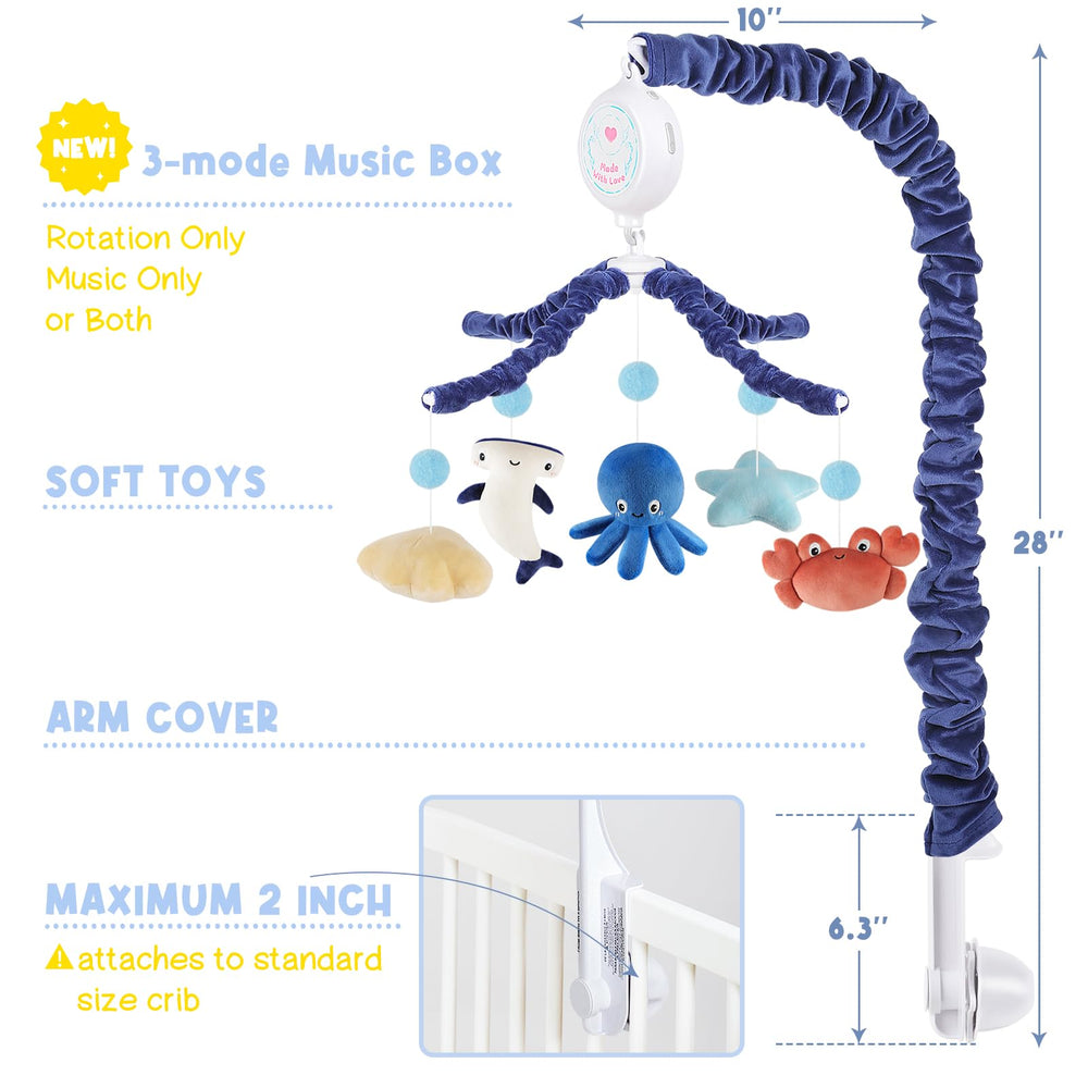 PIIKAGO Ocean Crib Mobile 3-mode music box promoting customizable lullaby experiences.
