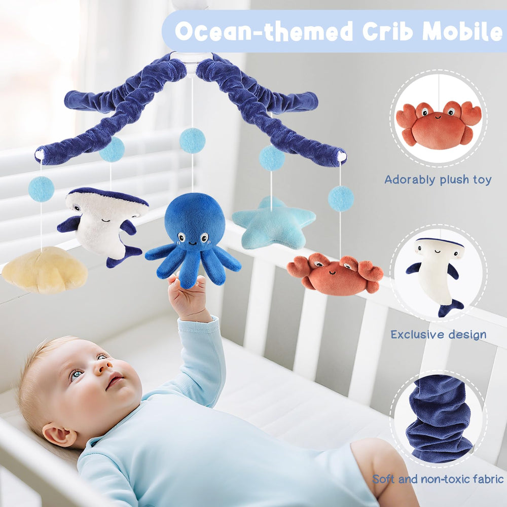 PIIKAGO Ocean Crib Mobile with crab plush for tactile exploration and early color recognition.
