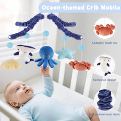 PIIKAGO Ocean Crib Mobile with crab plush for tactile exploration and early color recognition.