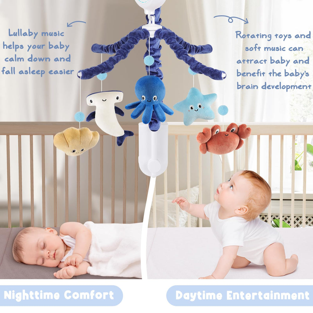 PIIKAGO Ocean Crib Mobile fits standard cribs for easy setup and clean maintenance.