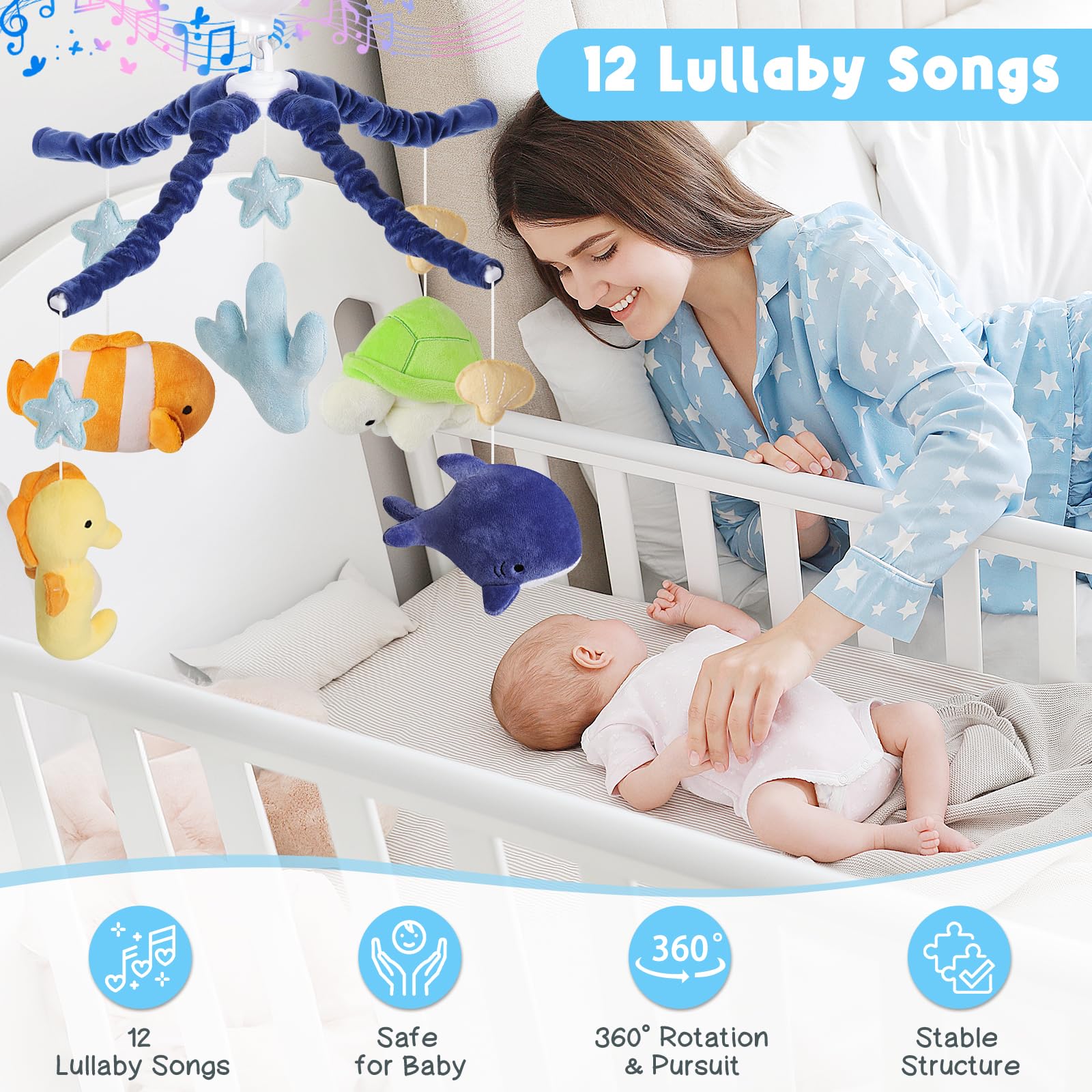 PIIKAGO Ocean Crib Mobile seahorse charm encourages gentle sensory play