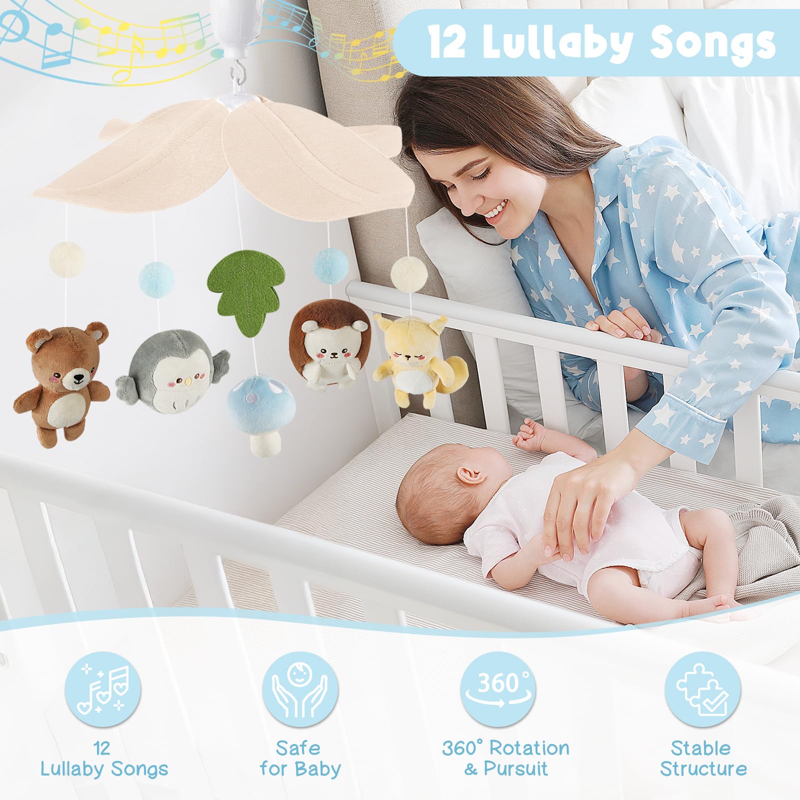 PIIKAGO Woodland crib mobile 3-mode music box offers customizable lullabies and rotation.