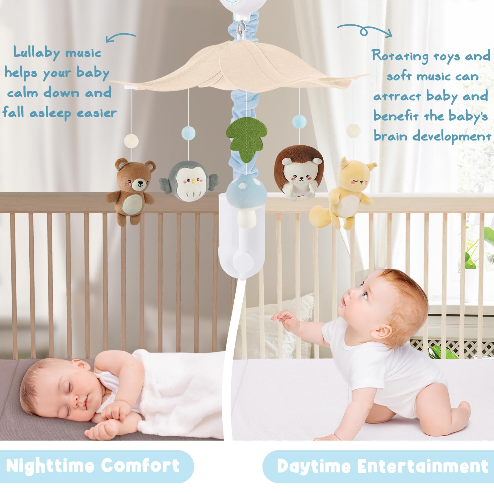 PIIKAGO Woodland crib mobile canopy in blue helps create a serene nursery atmosphere.
