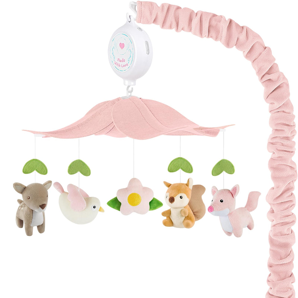 PIIKAGO woodland crib mobile with forest animals stimulates visual tracking and calm.