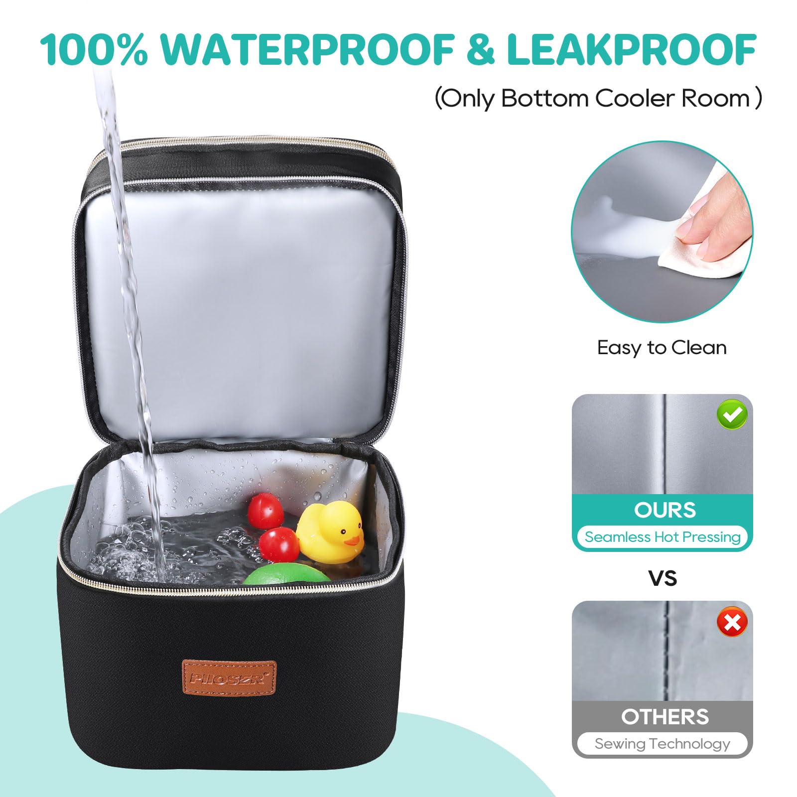 PIIOSER top compartment stores pouches, bags, and snacks for easy access.