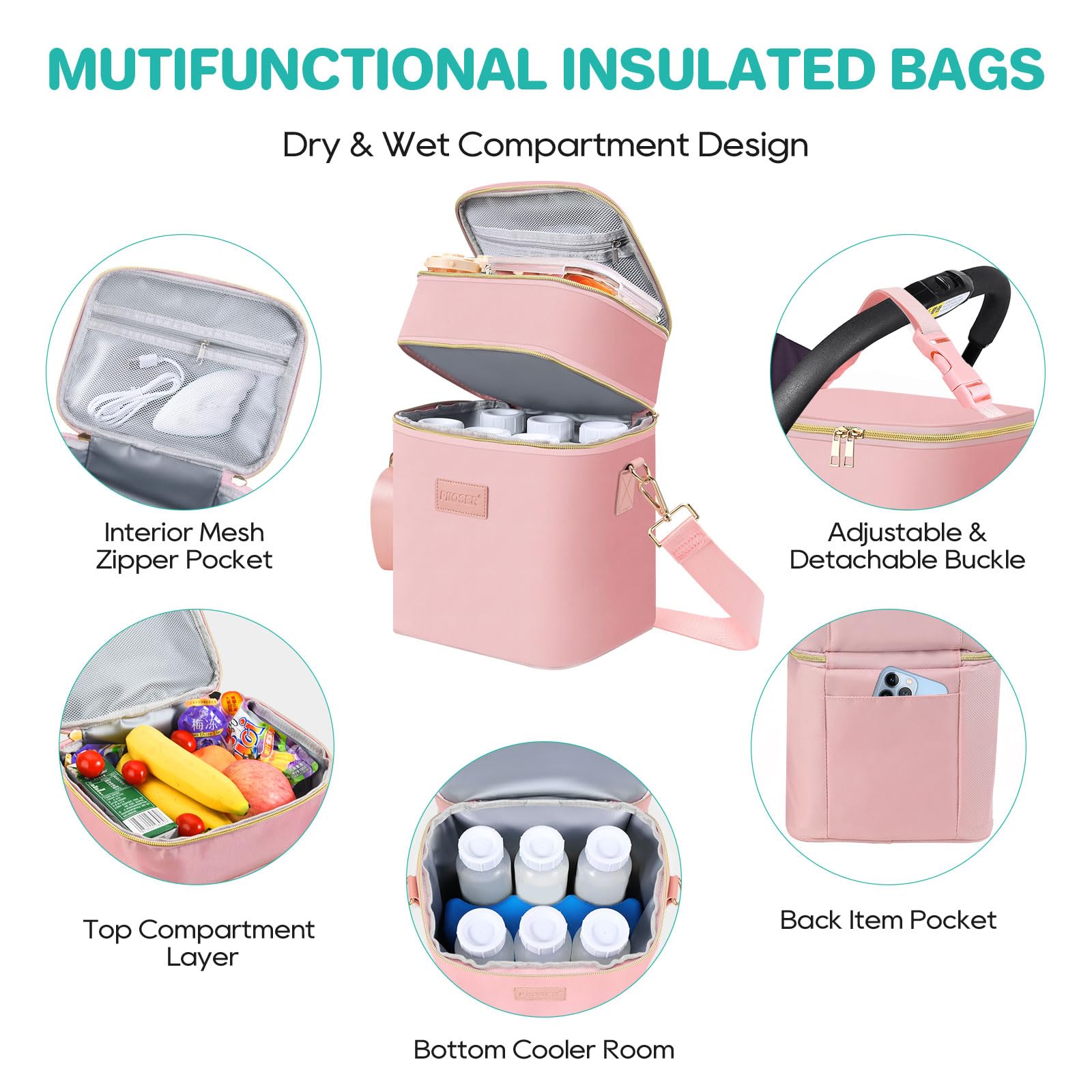 Dimensions of the PIIOSER bag show ample space for bottles and snacks