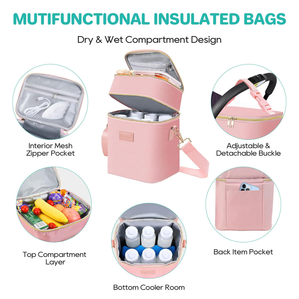 Dimensions of the PIIOSER bag show ample space for bottles and snacks