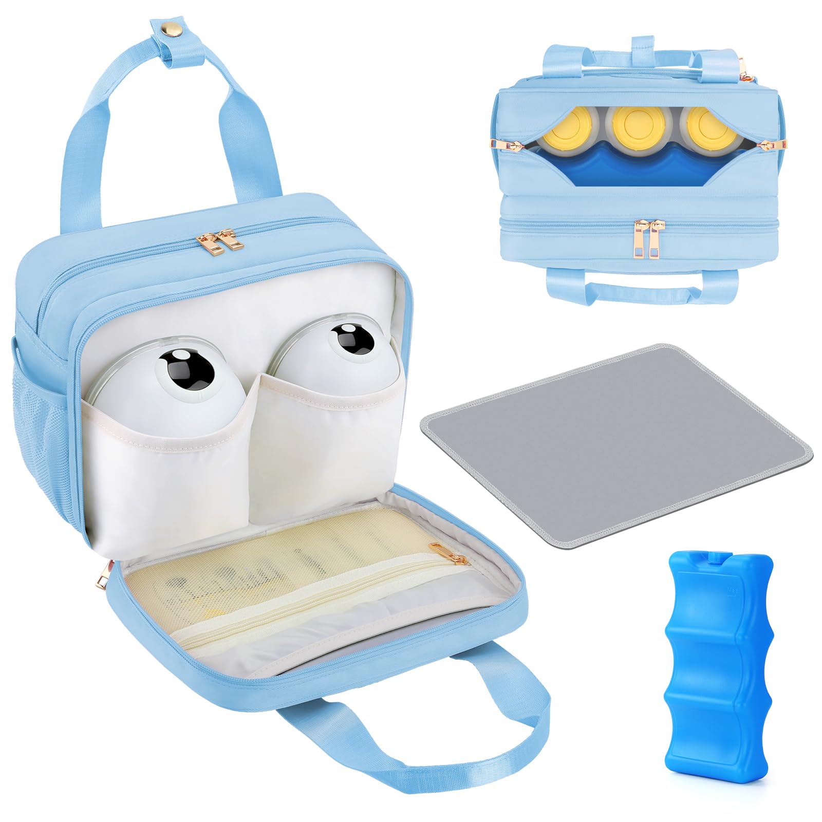 PIIOSER breastmilk cooler bag front view with pump pockets for on-the-go use.