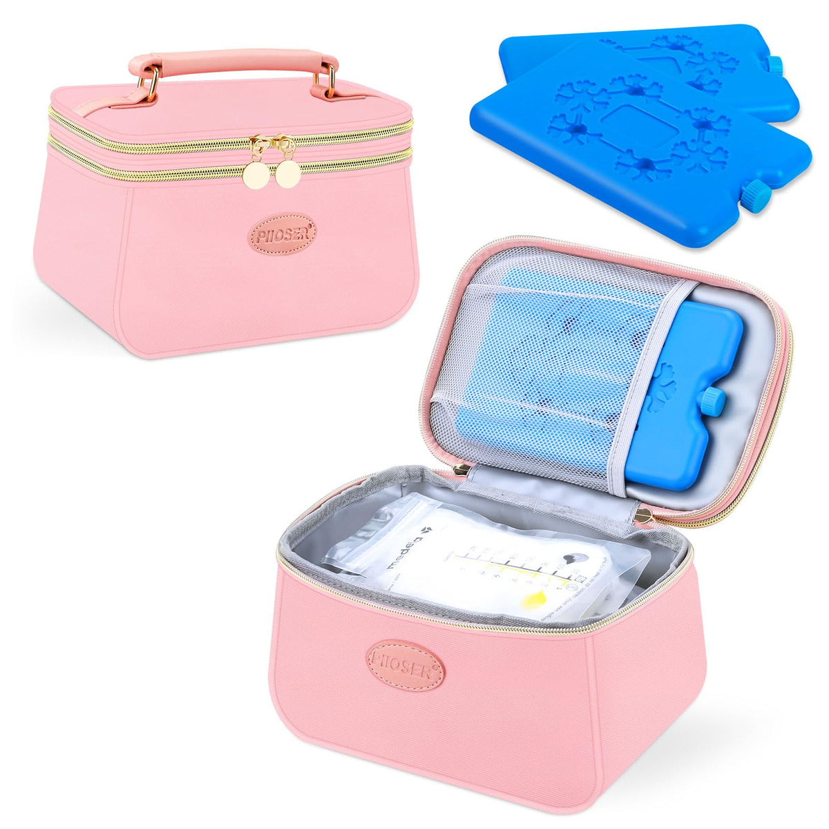 PIIOSER breast milk cooler bag pink XS, front view, portable for daycare.