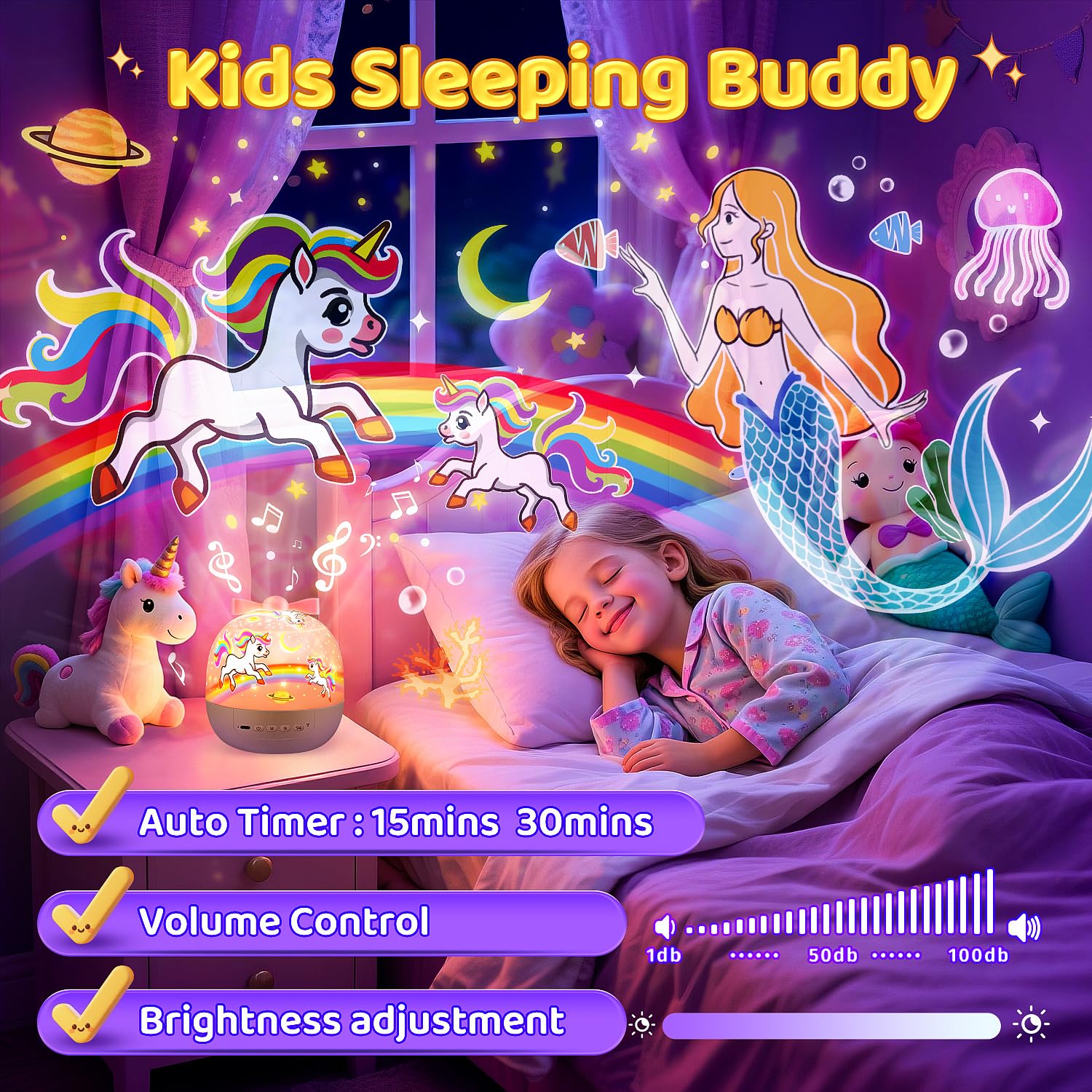 PIKOY unicorn night light projector features 15 lullabies for soothing sleep