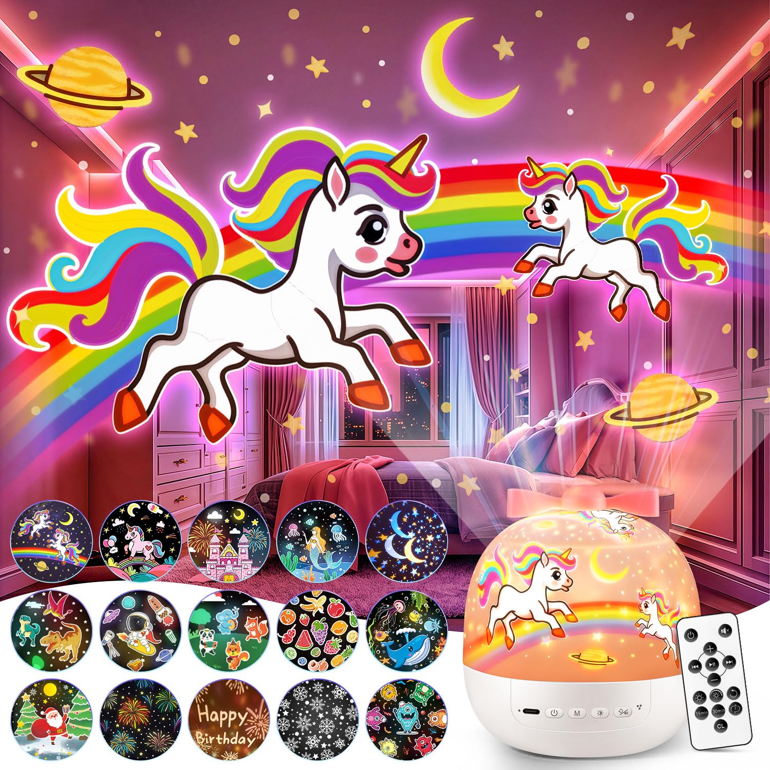 PIKOY unicorn night light projector with 360° rotation creates dreamy bedtime ceiling scenes