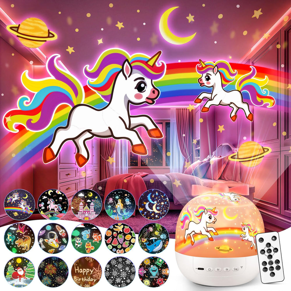 PIKOY unicorn night light projector with 360° rotation creates dreamy bedtime ceiling scenes