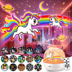 PIKOY unicorn night light projector with 360° rotation creates dreamy bedtime ceiling scenes