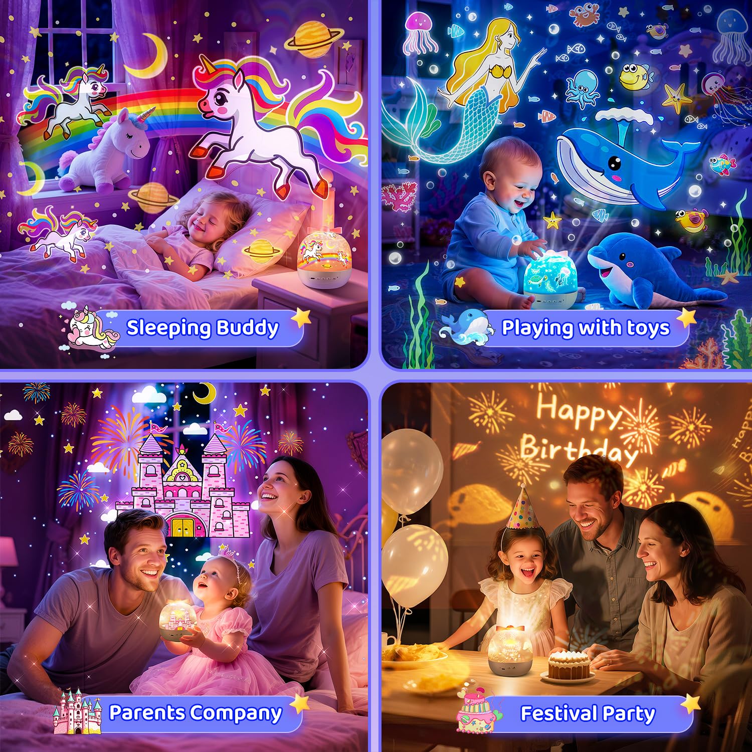 PIKOY unicorn night light projector rechargeable battery enables cordless use