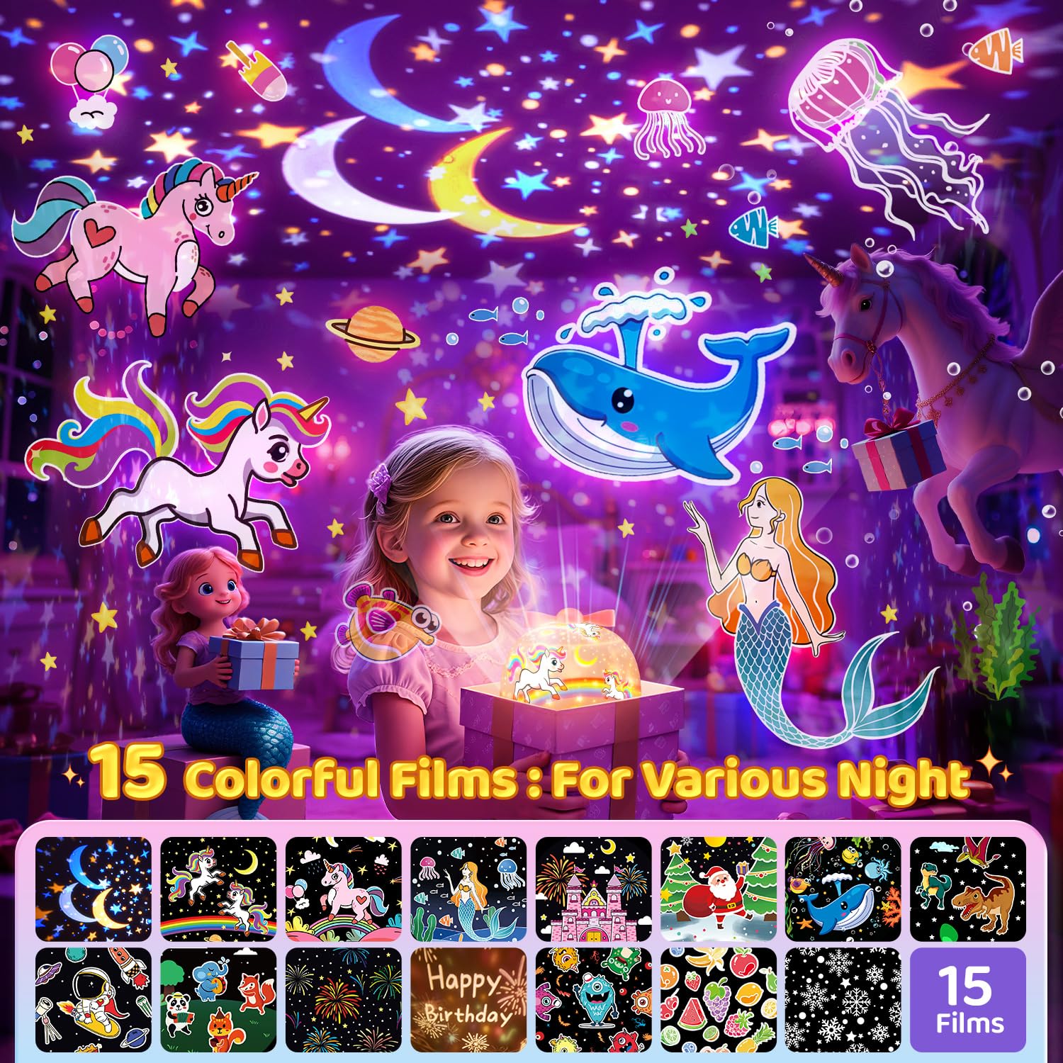 PIKOY unicorn night light projector remote control enables easy bedtime adjustments