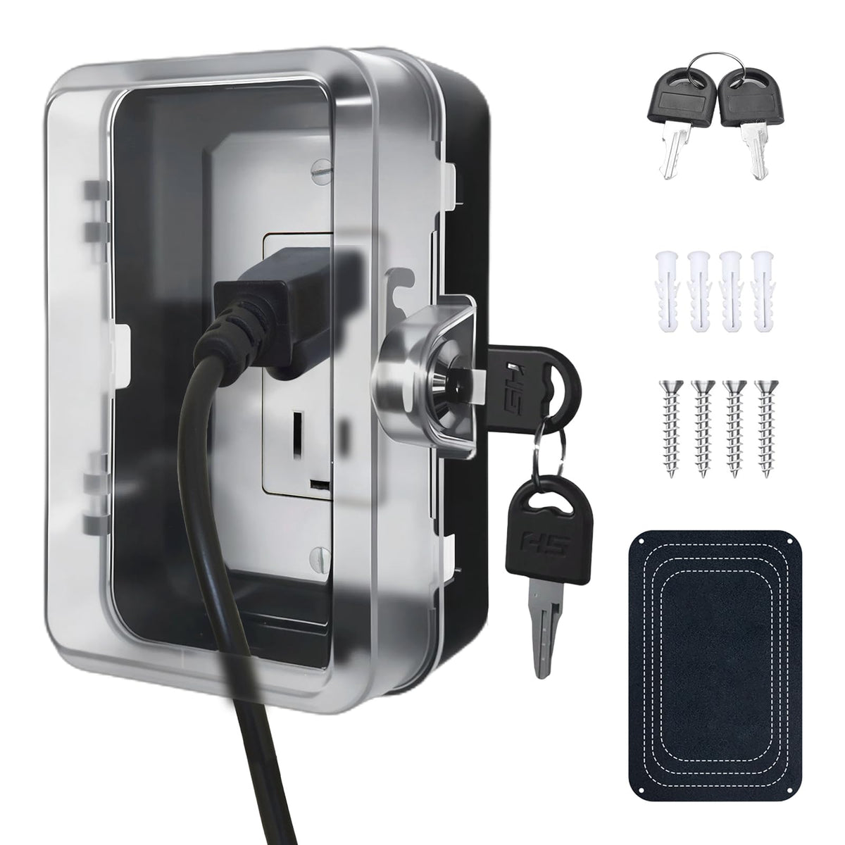 PILISPARK outlet lock box close-up showing rugged ABS shell for child safety at home.