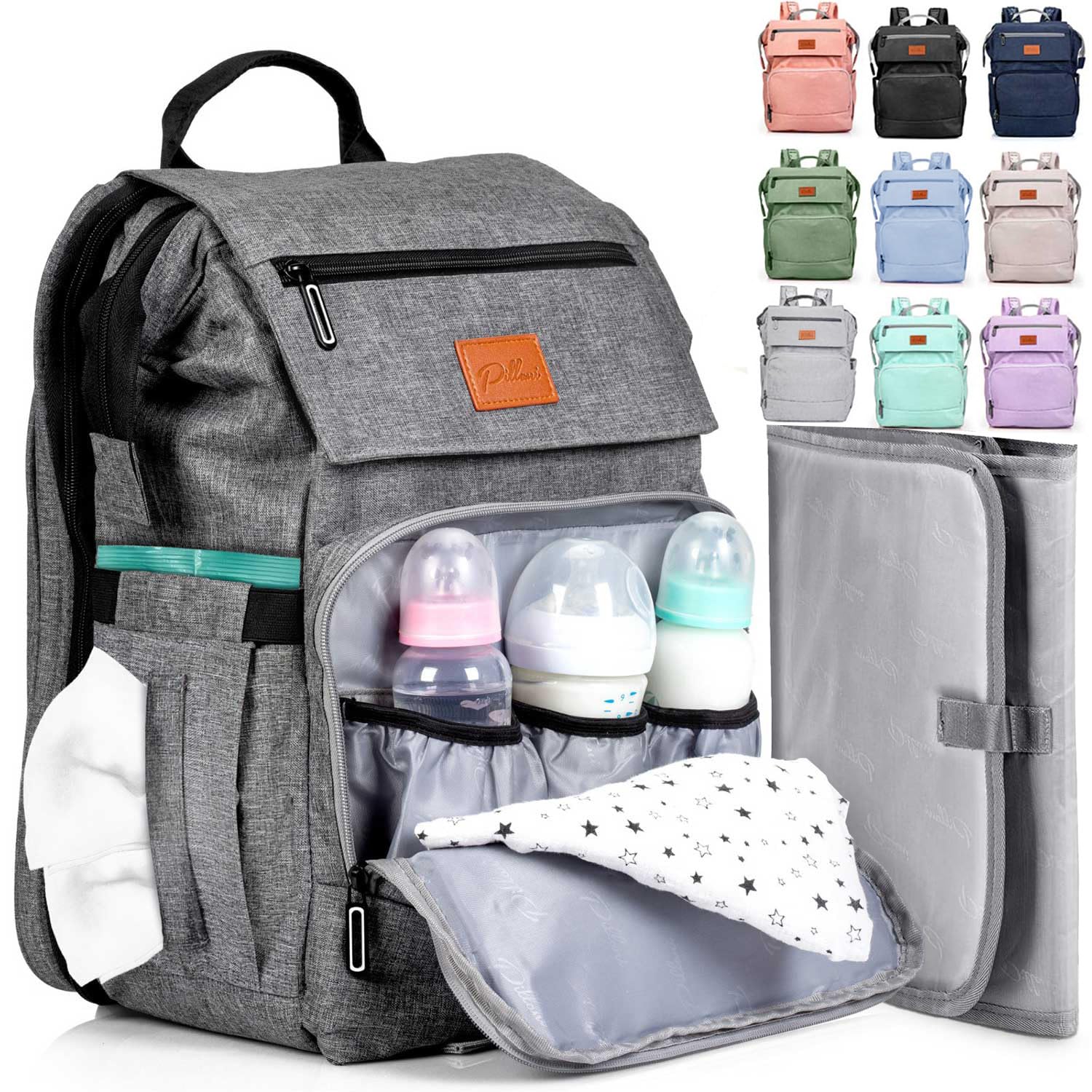 PILLANI Baby Diaper Bag Backpack front view showing spacious organization for quick access