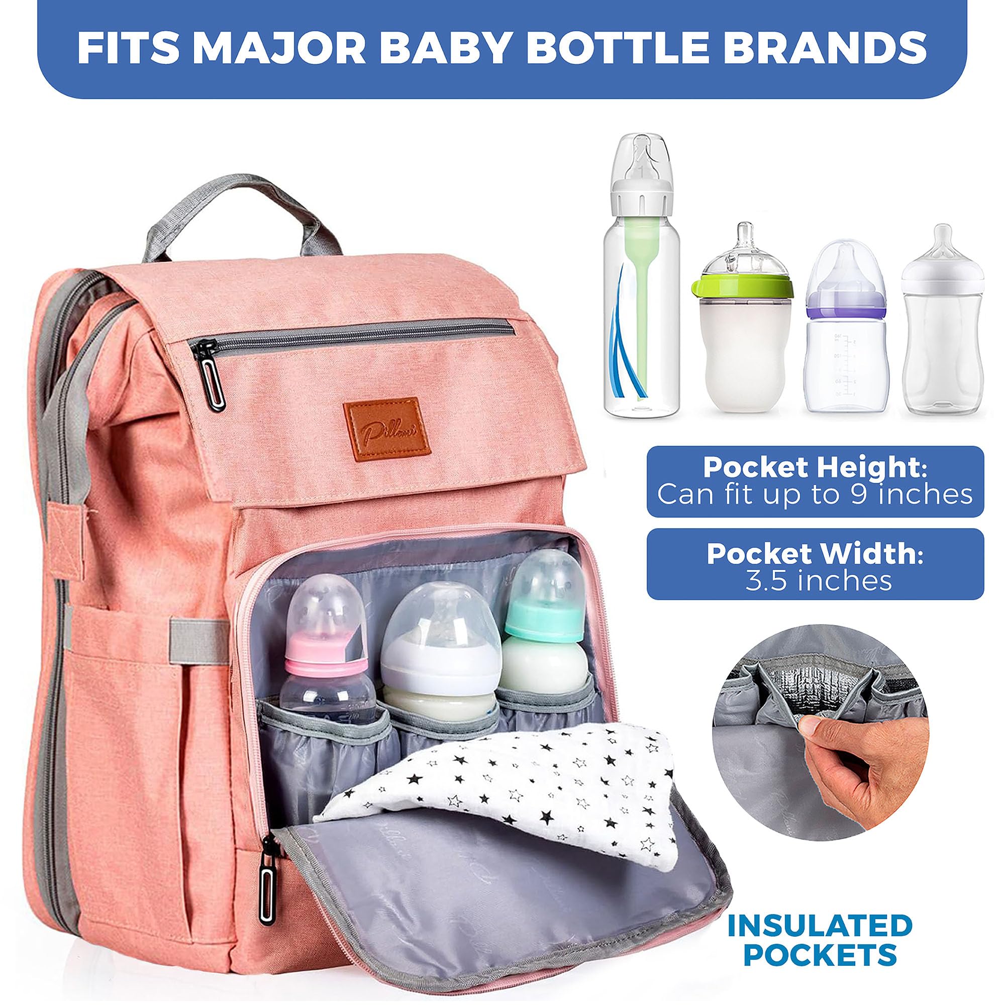 PILLANI diaper bag insulated bottle pockets maintain temperature on the move