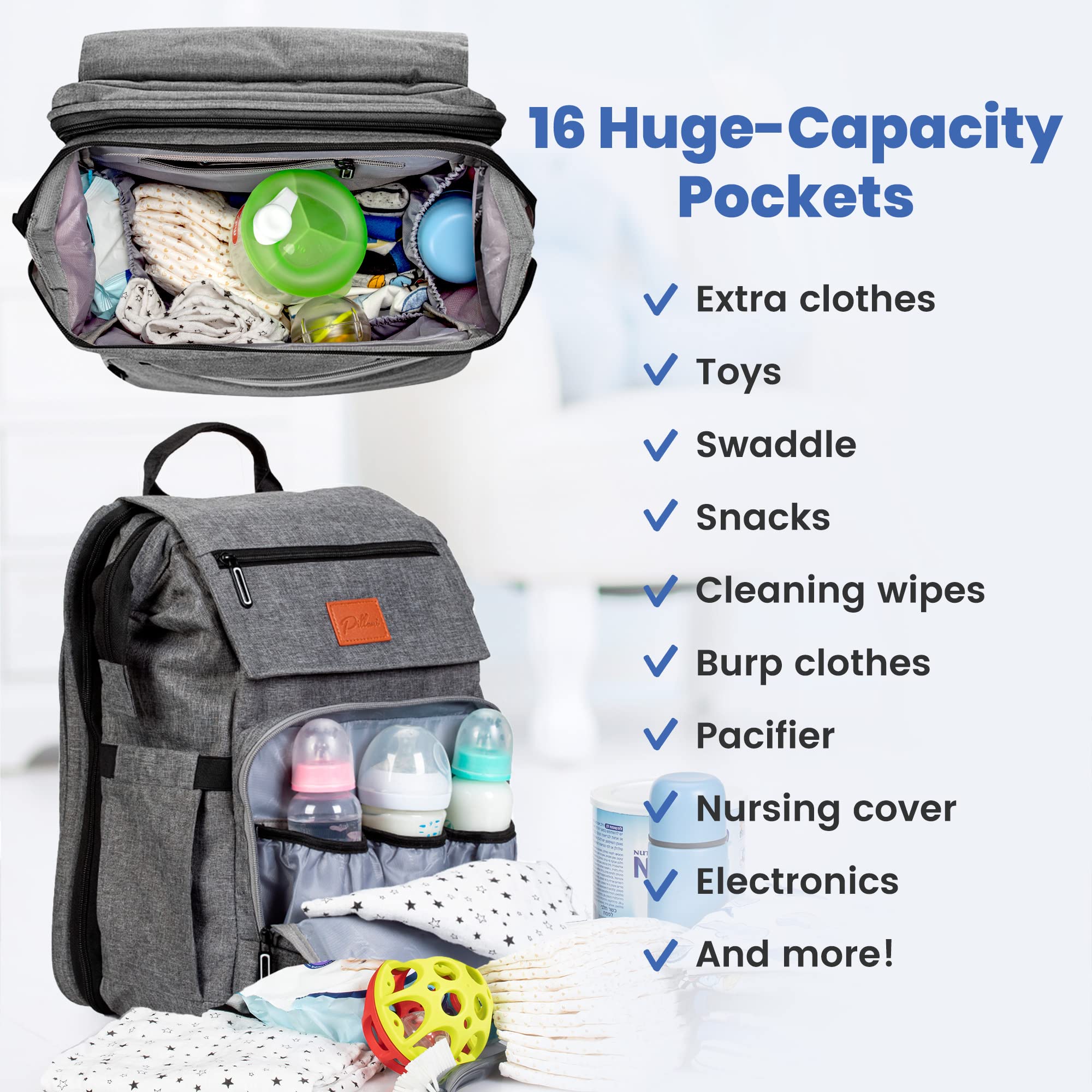 PILLANI diaper bag backpack side pocket highlighting easy reach for small items