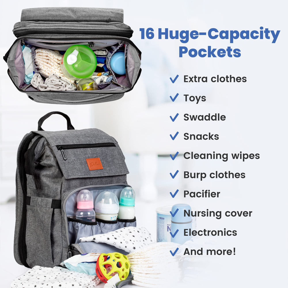 PILLANI diaper bag backpack side pocket highlighting easy reach for small items