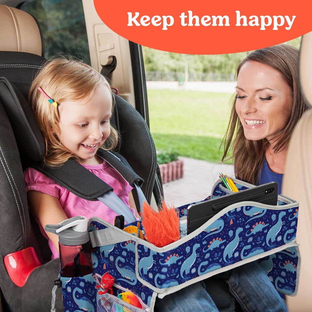PILLANI car-seat tray supports drawing, snacks, and a tablet for smoother road trips.