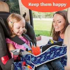 PILLANI car-seat tray supports drawing, snacks, and a tablet for smoother road trips.