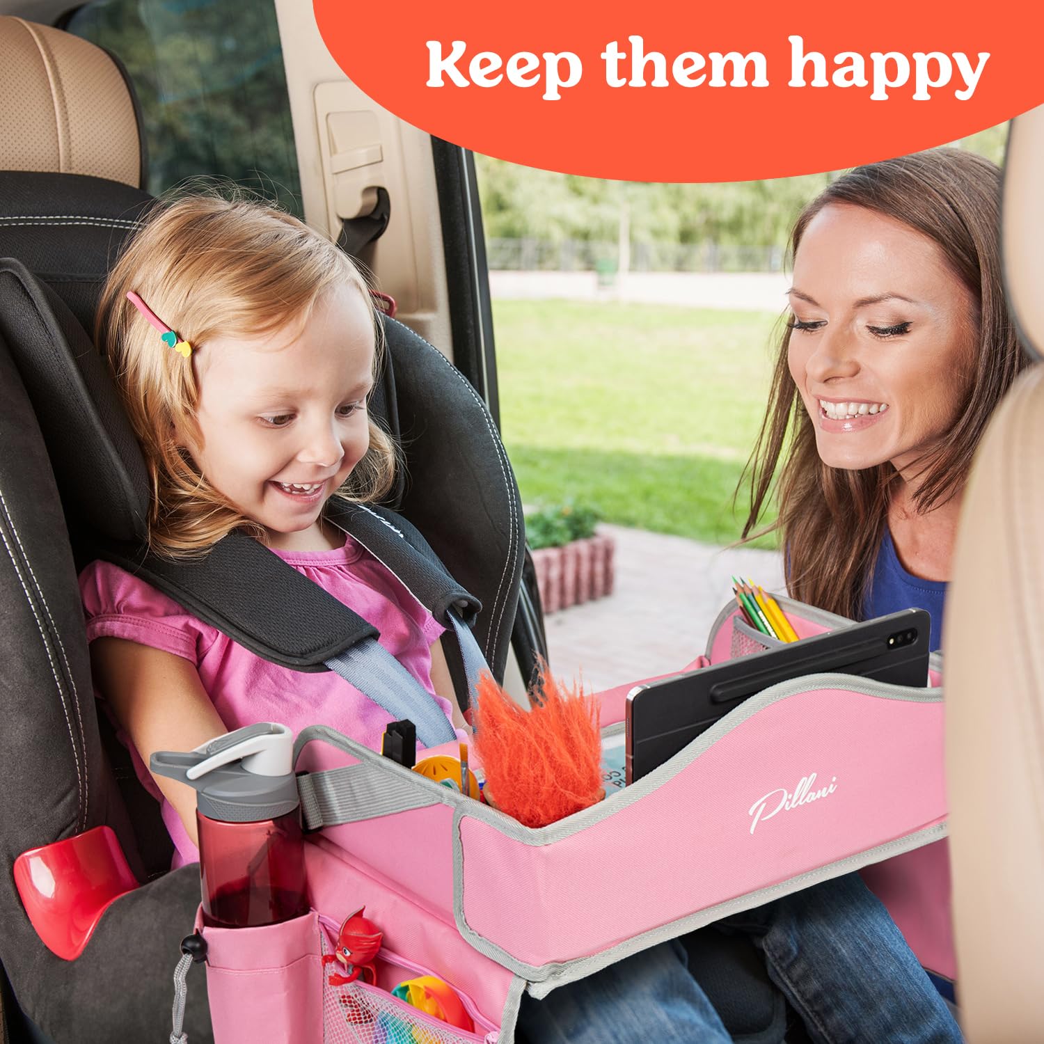 PILLANI car seat tray with pockets keeps toys and art within reach.
