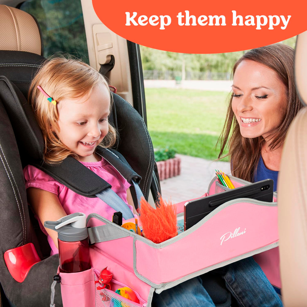 PILLANI car seat tray with pockets keeps toys and art within reach.