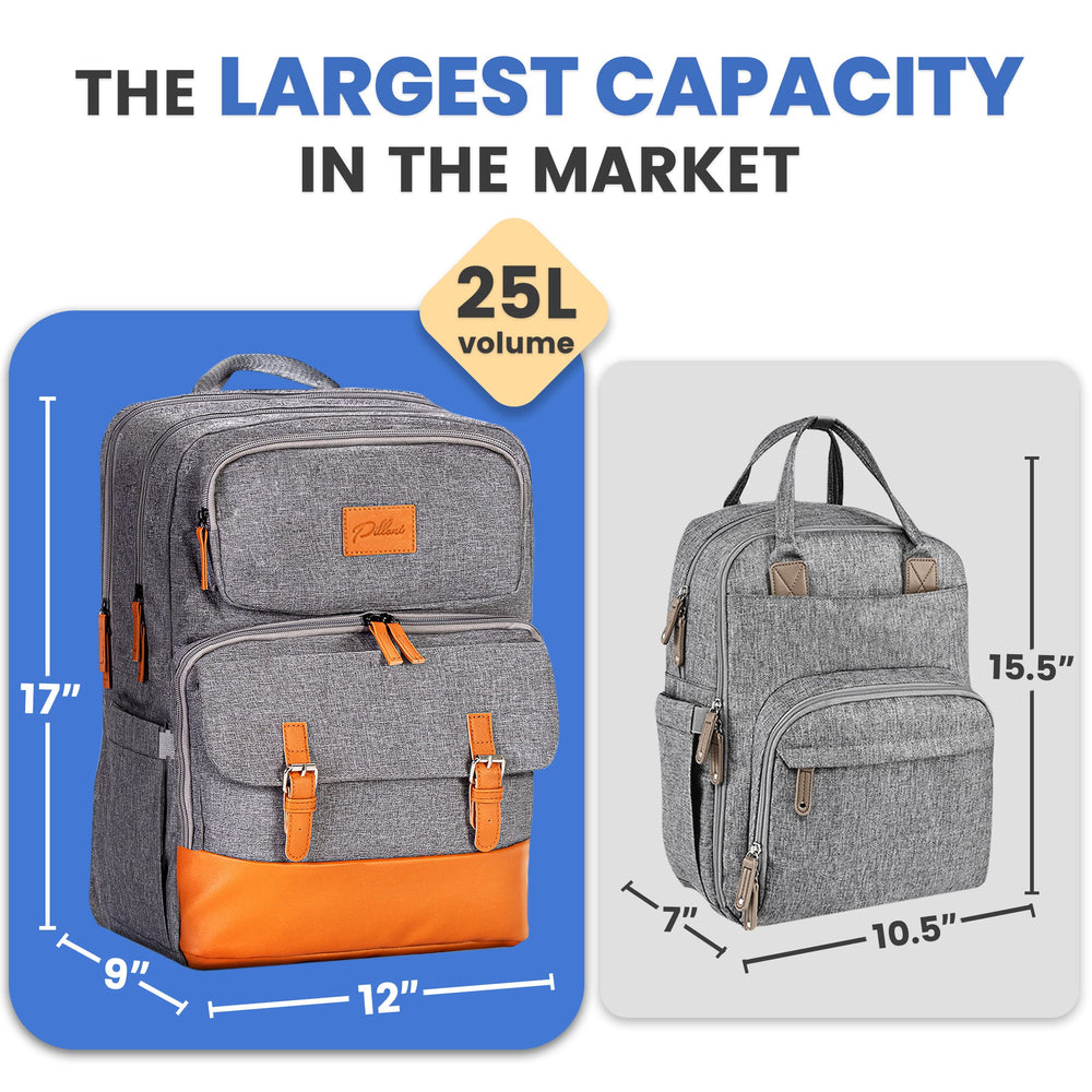 PILLANI diaper backpack includes changing pad for on-the-go changes.