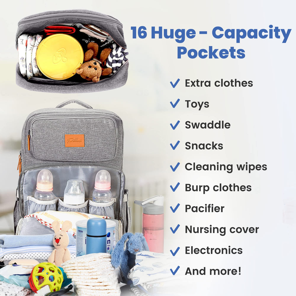 PILLANI diaper backpack insulated bottle pockets keep bottles at the right temperature.