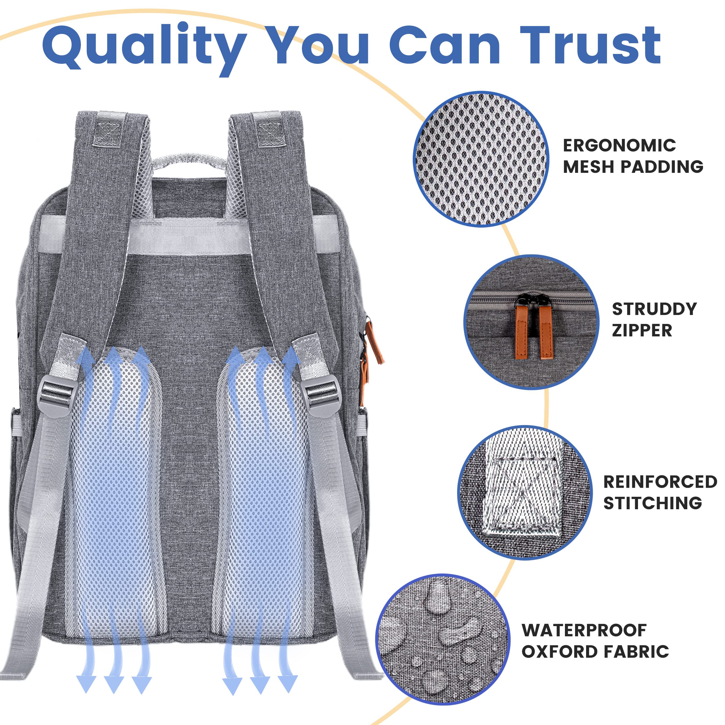 PILLANI diaper backpack side pockets hold wipes, tissues, or a water bottle.