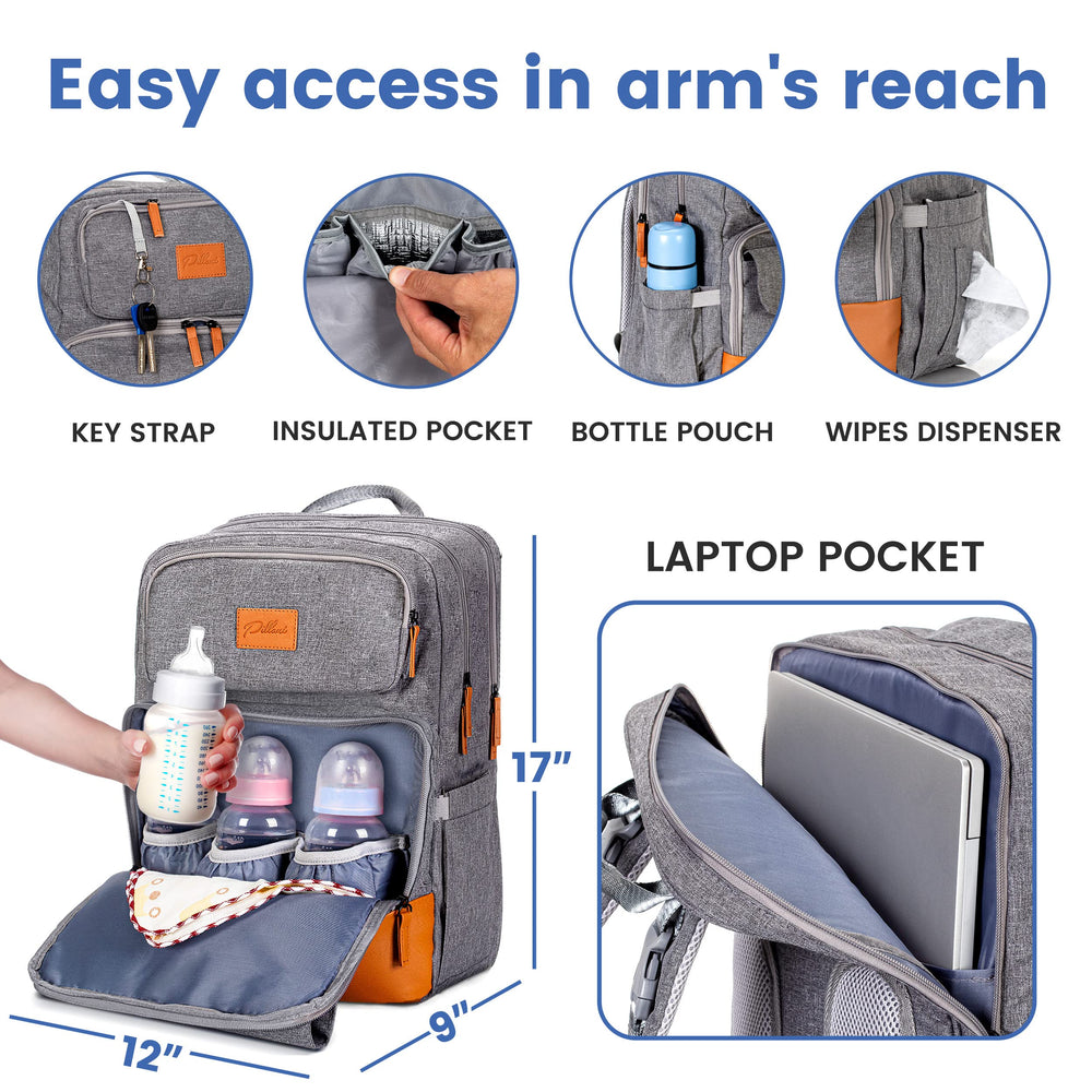 PILLANI diaper backpack with stroller buckles for hands-free navigation.